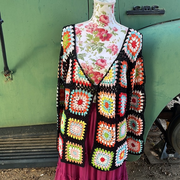 Handmade Crochet Black Granny Square Cardigan - Picture 15 of 17